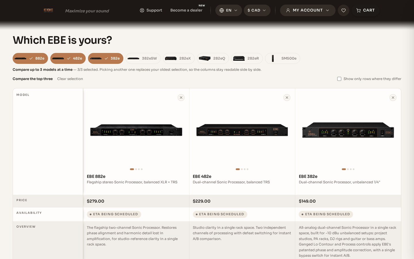 Preview of the EBE compare page showing three Sonic Processors side by side
